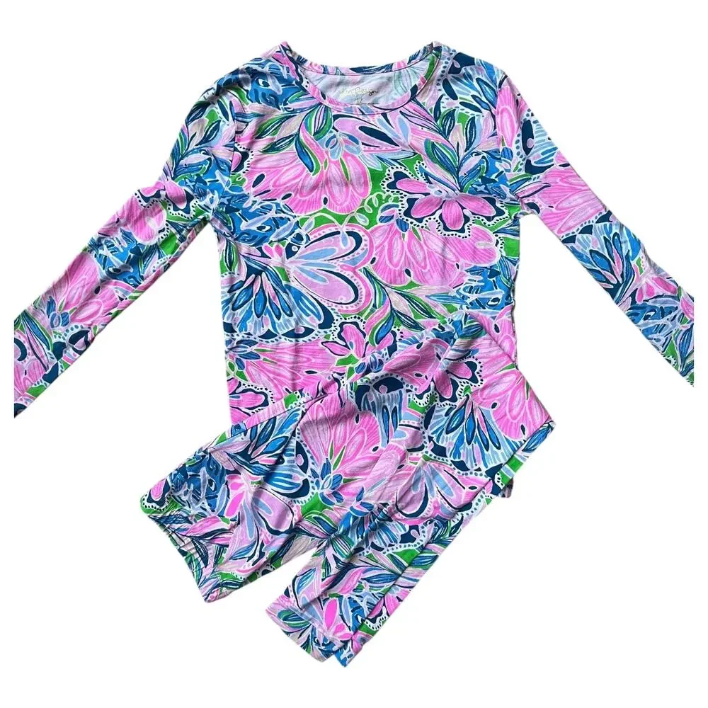 Lilly Pulitzer Long Sleeve Pajamas PJ's Tiger Sunrise Pink Blue Green Girls 12